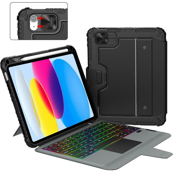 for iPad A16 11th 10th Generation Case with Keyboard, 7-Colors Backlit Detachable Wireless Keyboard with Pencil Holder and Multi-Touch Trackpad