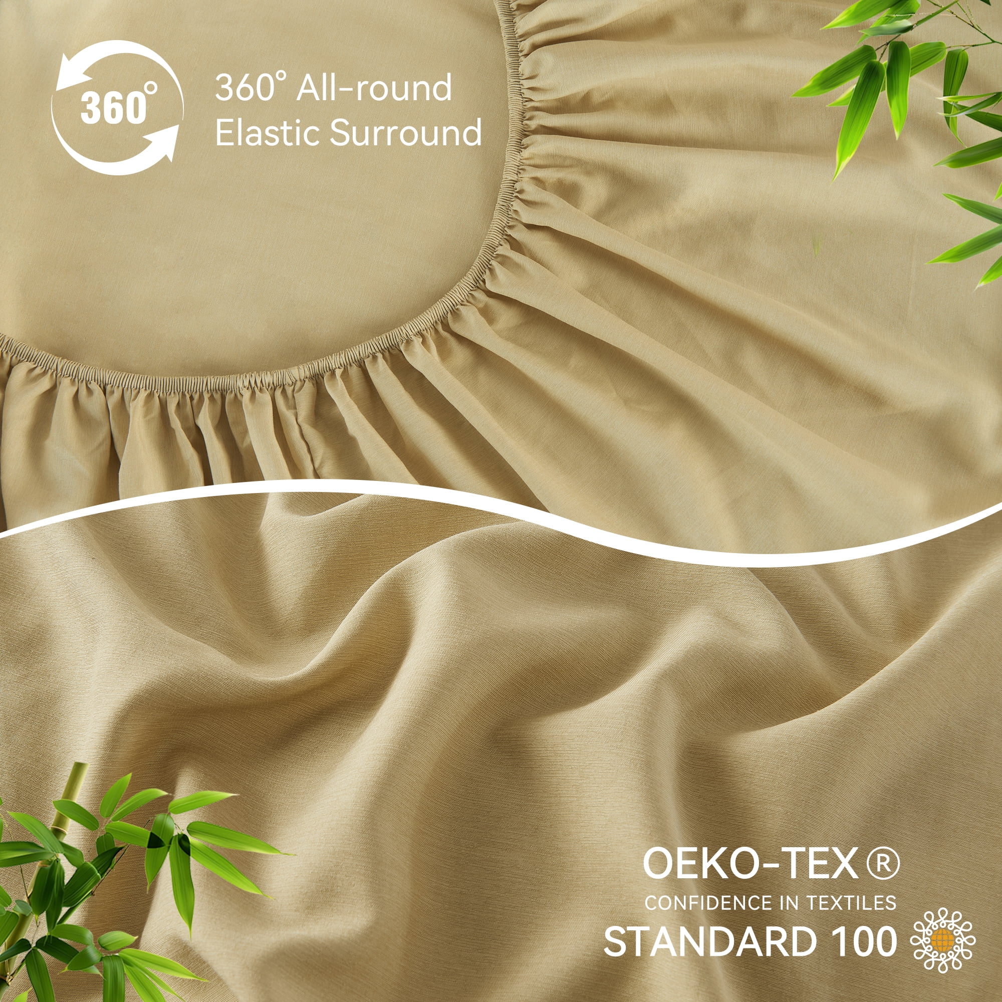 JELLYMONI 4 Pieces Cooling Twin Sheets Set, Microfiber & Bamboo Sheet Set, Breathable & Wrinkle Free - 16" Deep Pockets Bedding Sheets & Pillowcases,Khaki