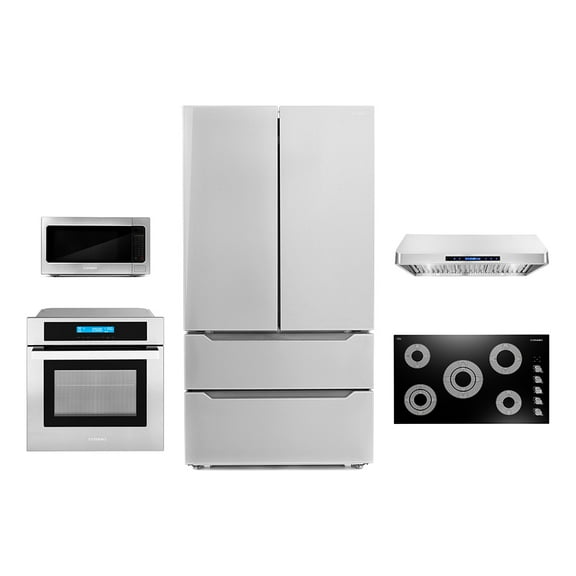 Cosmo 5 Piece Kitchen Appliance Package With 36" Electric Cooktop 36" Under Cabinet Range Hood 30" Single Electric Wall Oven 24.4" Countertop Microwave & French Door Refrigerator