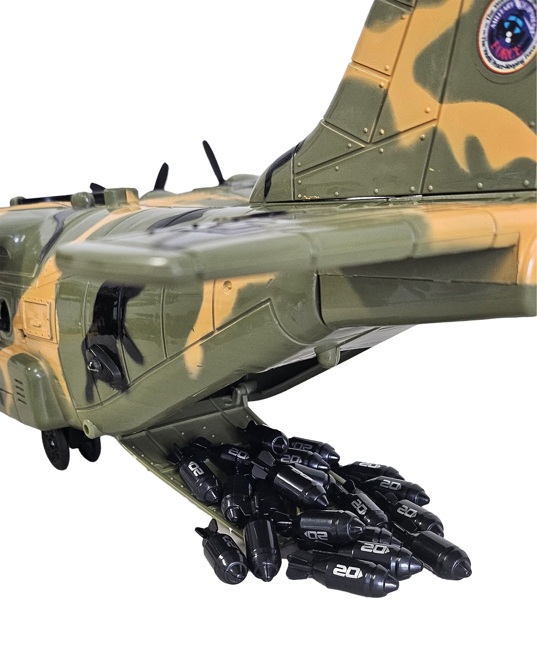 Toy Essentials Large Military 21-Inch Cargo Plane C130 Bomber Combat Air Force with Working Doors 20 Bombs and 12 Military Army Vehicles