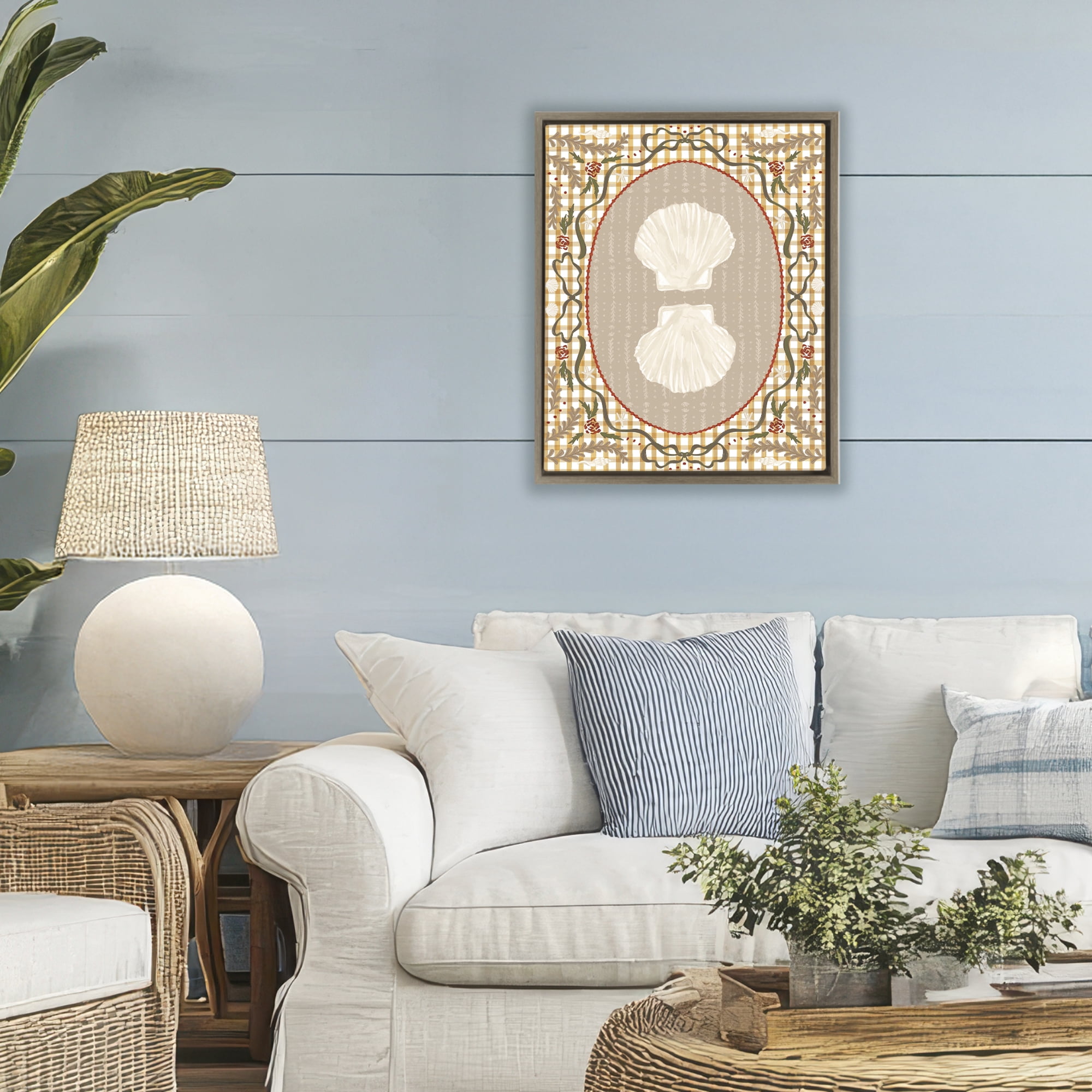 Stupell Industries Vintage Shells on Gingham Brown Framed Floater Canvas Wall Art, design by Vero Illustrates