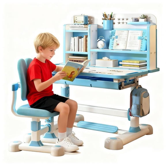 YNCE Study Desk Chair Set for Kids, Height Adjustable Children School Study Table Chair Set with Sitting Corrector, Ergonomic Desk Chair with Book Stand, Foot Pedal, Partition Design 2Pcs/Set