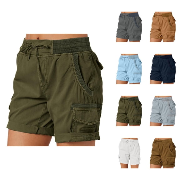 Cargo Shorts Women 2026 Summer Elastic High Waist Drawstring Wide Straight Leg Roll Up Casual Shorts with Pockets