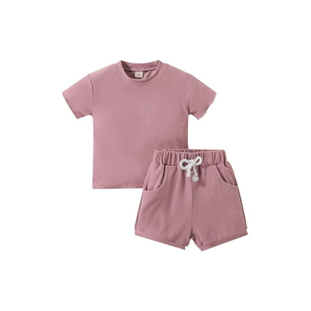 

Suanret 2Pcs Toddler Baby Boys Girls Summer Clothes Solid Color Short Sleeve T-Shirt + Shorts with Pockets Set Pink Purple 12-18 Months