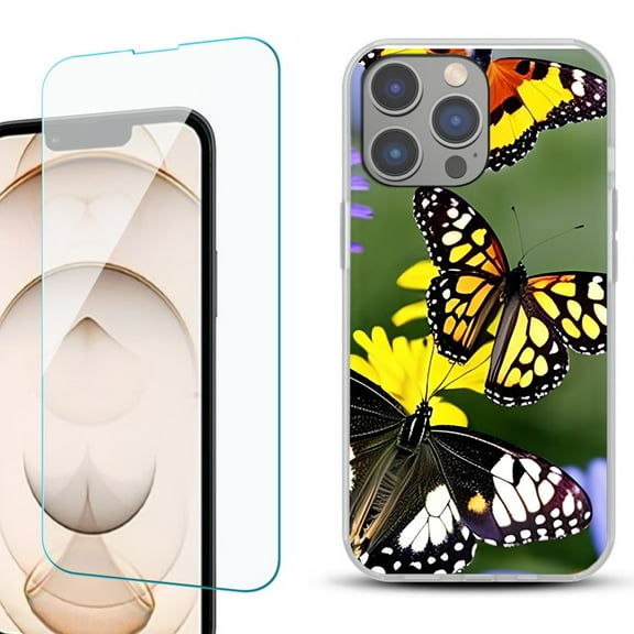 OneToughShield ® for iphone 13 Pro Shockproof Phone Case, with Tempered Glass Screen Protector - Butterfly Flower