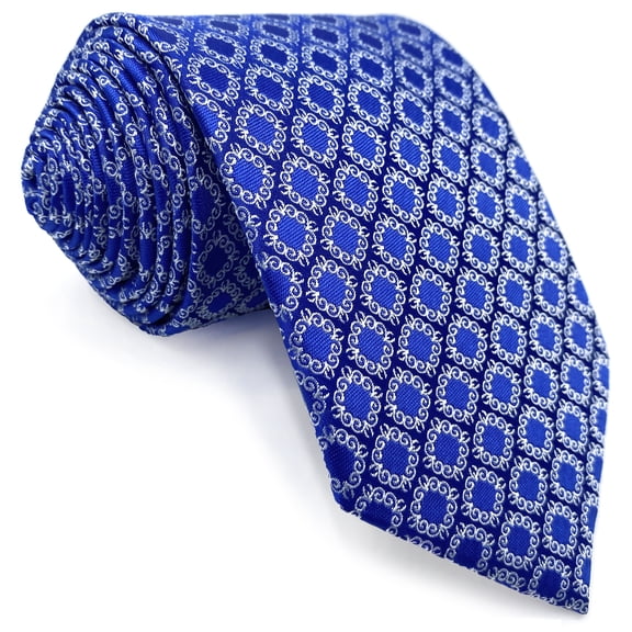 Mens Tie Necktie Light Royal Blue Geometric White Checkered Satin for Party Classic Size 57.5"×3.15"