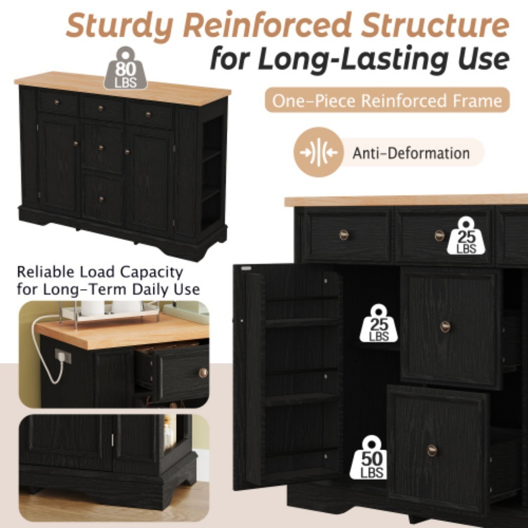 51.2" Farmhouse Sideboard Buffet Cabinet, Storage Cabinet with 5 Drawers, 2 Doors, Adjustable Shelves & Outlet, Console Table for Dining Room, Kitchen & Entryway, Black