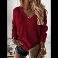 thumbnail image 4 of Suéter Holgado de Mujer, Cuello en V, Larga, Blusa Informal para Otoño e Invierno. Vino Tinto M, 4 of 10