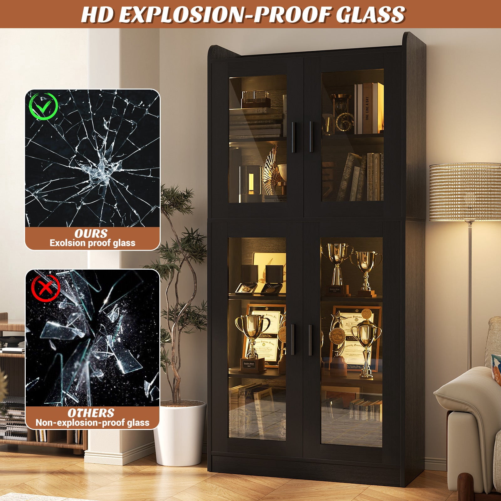 Homieasy 6-Shelf Bookcase with 4 Glass Doors, 67.4 inch Tall Bookcase with RGB LED Lights, for Living Room, Bedroom, Dorm Room, Black