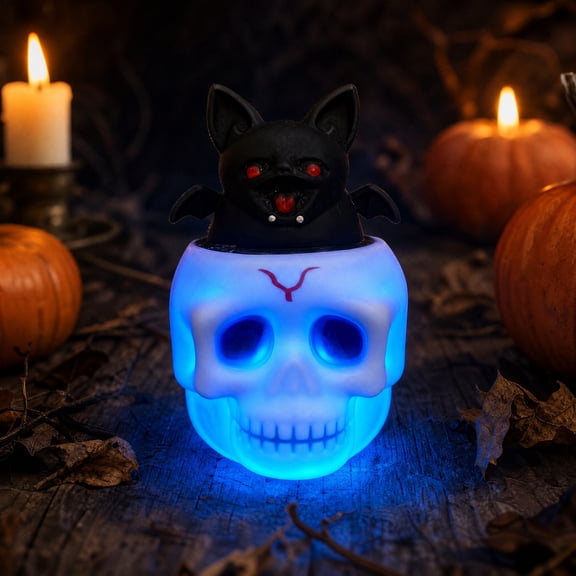 3.6" Light-Up Skull & Bat Squishy Toy, Glow-in-the-Dark Halloween Soft Ornament
