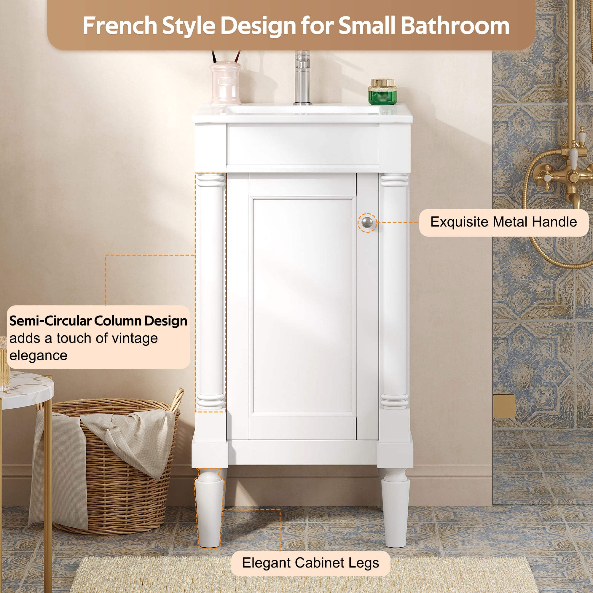 Euroco 18" French Style Bathroom Cabinet with Storage, Small Space Solution with Ceramic Sink, Adjustable Shelf, Soft-Closing Hinges