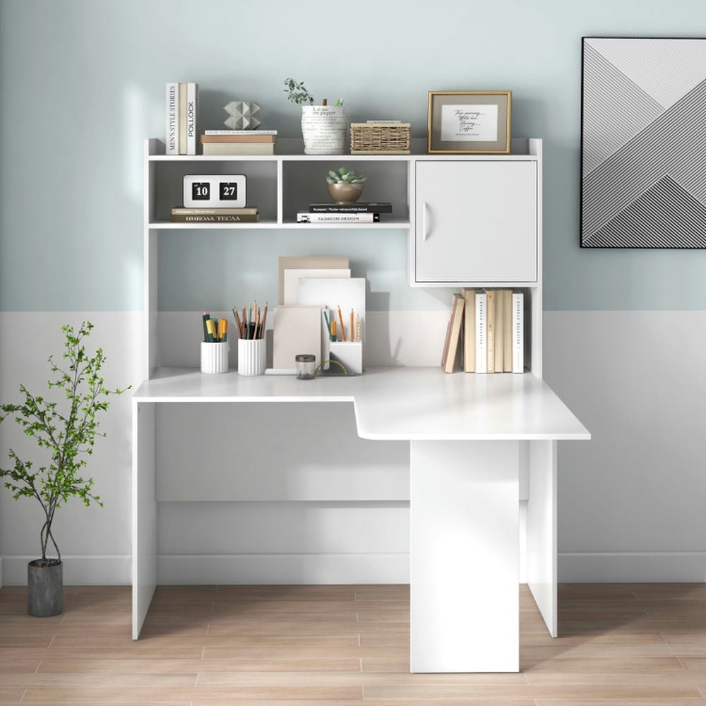 Demi Bonn L-Shaped Desk Corner Computer Desk with Open Storage Hutch and Cabinet, Small Home Office Desk Study Writing Table, White