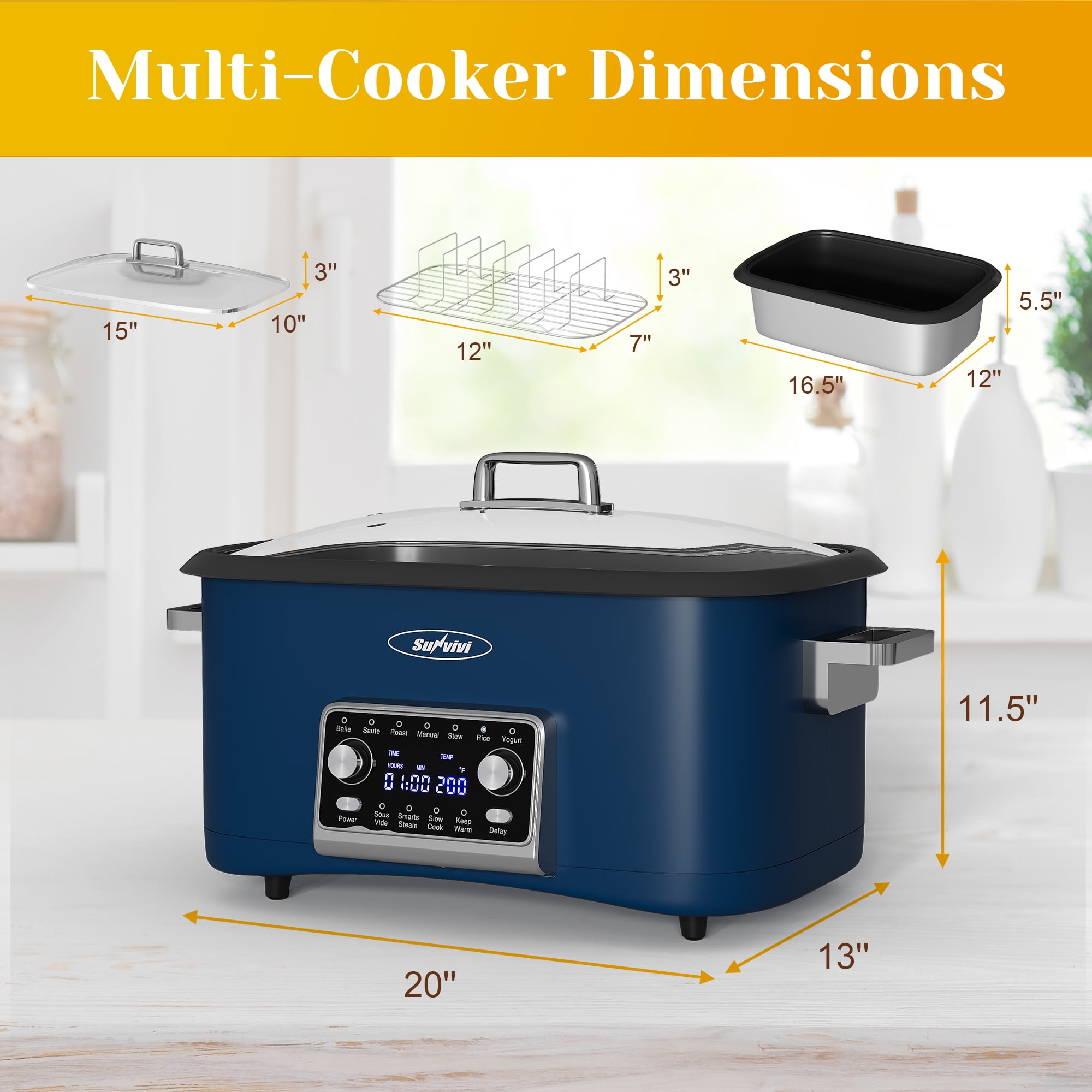 Sunvivi 12-in-1 Digital Slow Cooker Programmable Multi-Cooker, 8 Qt, Auto Shut-Off