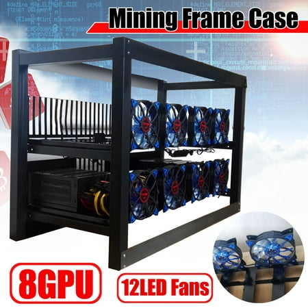 8 GPU Aluminum Crypto Open Air Mining Miner Frame Rig Stackable Case with 12 LED Fan for Power Supply