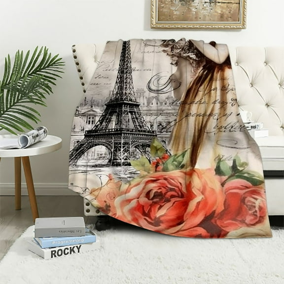 ARISTURING Romantic Paris Blanket for Sofa,Western Eiffel Tower Throw Blanket for Girls Women Queen ,Vintage Flowers Leaves Blanket Lightweight,London Landscape Bed Blanket Sofa Bed Couch Decor