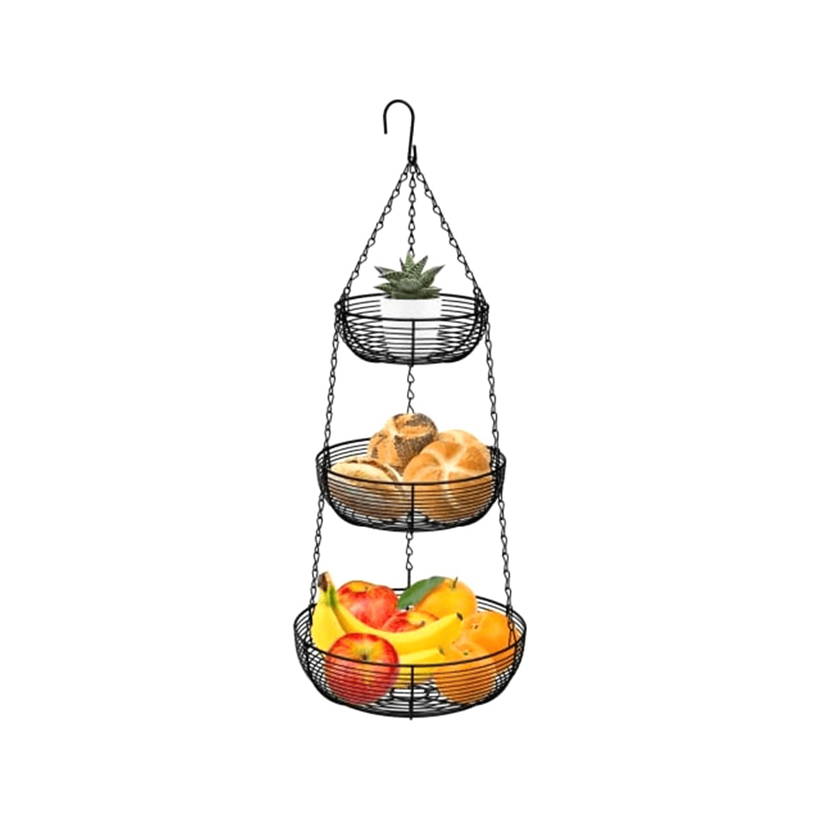3-Tier Hanging Basket Fruit Organizer Kitchen Heavy Duty Wire Organizer with Wire Metal Ceiling Hooks-Black Wire Basket