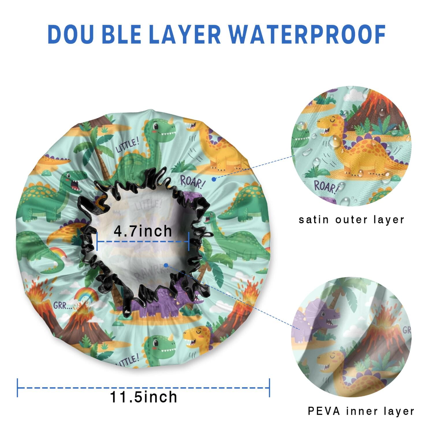 Shower Caps,LightBlue Cartoon Dinosaurs Volcanoes Pattern Waterproof Shower Cap for Women 4 Pieces,Double Reusable Hair Cover for Shower PEVA Elastic Stretch Hem
