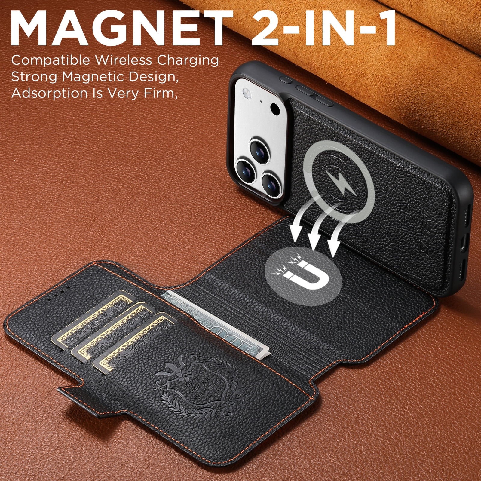 Dteck for iPhone 17 Pro Max Detachable Wallet Case with Card Holder, 2 in 1 PU Leather Flip Folio Stand Shockproof Phone Cover 6.9 Inch 2025,Orange