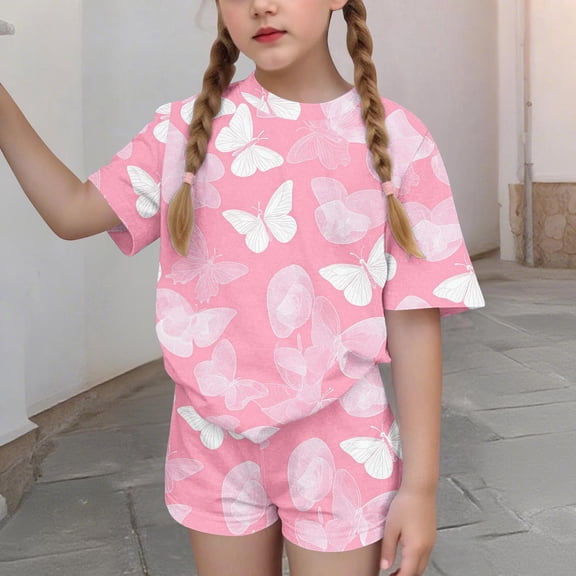 Cethrio Girls Summer Outfit Sets, Short Sleeve 2 Piece Casual Printed Kids' Clothing Sets Multicolor Size 10-12