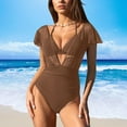 thumbnail image 2 of Womens Ruffled Swimsuits with Triangle Bikini Halter Top Swim Suits V Neck Ruched Short Sleeve Bathing Suit (XL, Brown), 2 of 7