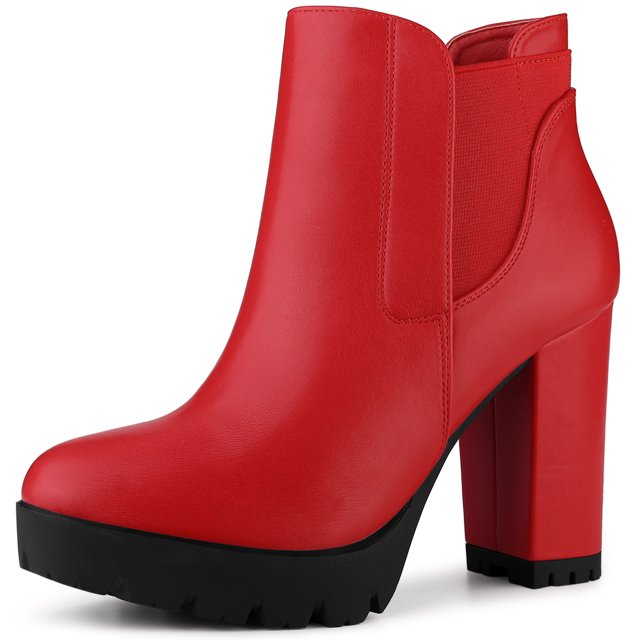 Unique Bargains Bottes Chelsea à Talons Hauts Épais à Plateforme pour Femmes Rouges (Taille 9)