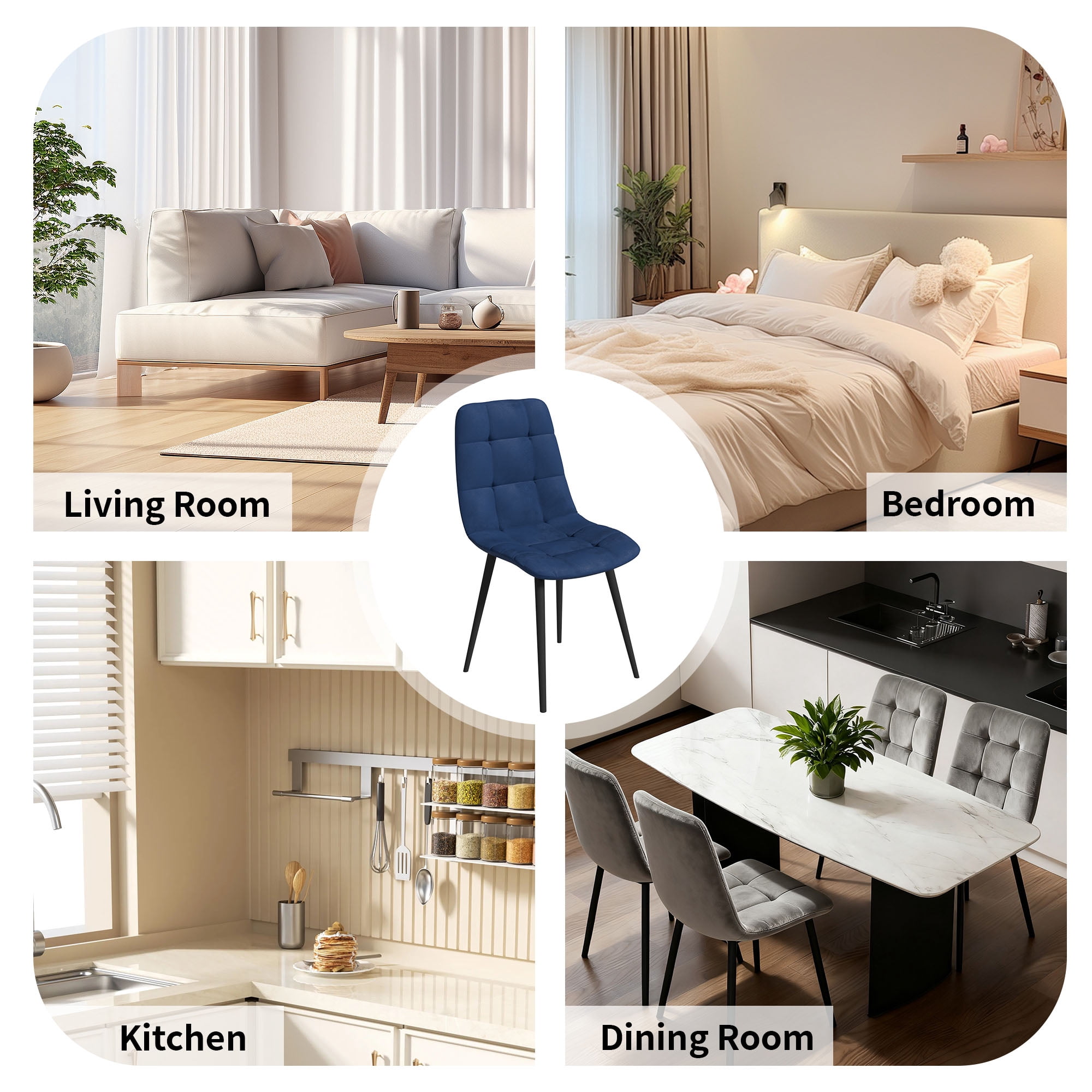 SHGJ&SOFT Velvet Dining Chairs Set of 4, Mid Century Modern Upholstered Fabric Chairs with Metal Legs Adjustable Pads for Kitchen Living Room Dining Room. (BLUE, 4PC)