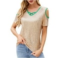 thumbnail image 1 of Tops de Lentejuelas para Mujeres Manga Corta Cuello en V Fuera Del Hombro Suéter 95% Poliéster 5% Spandex, Nueva Blusa de Lentejuelas para el Uso Diario, 1 of 8