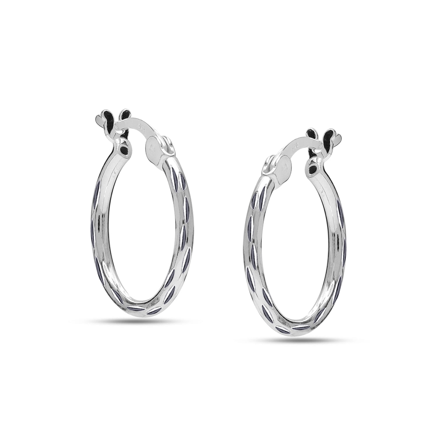 LeCalla 925 Sterling Silver Hoop Earrings for Women | Small Classic Diamond-Cut Textured Hoops Earring | Womens Click-Top Earring Hoop 20MM
