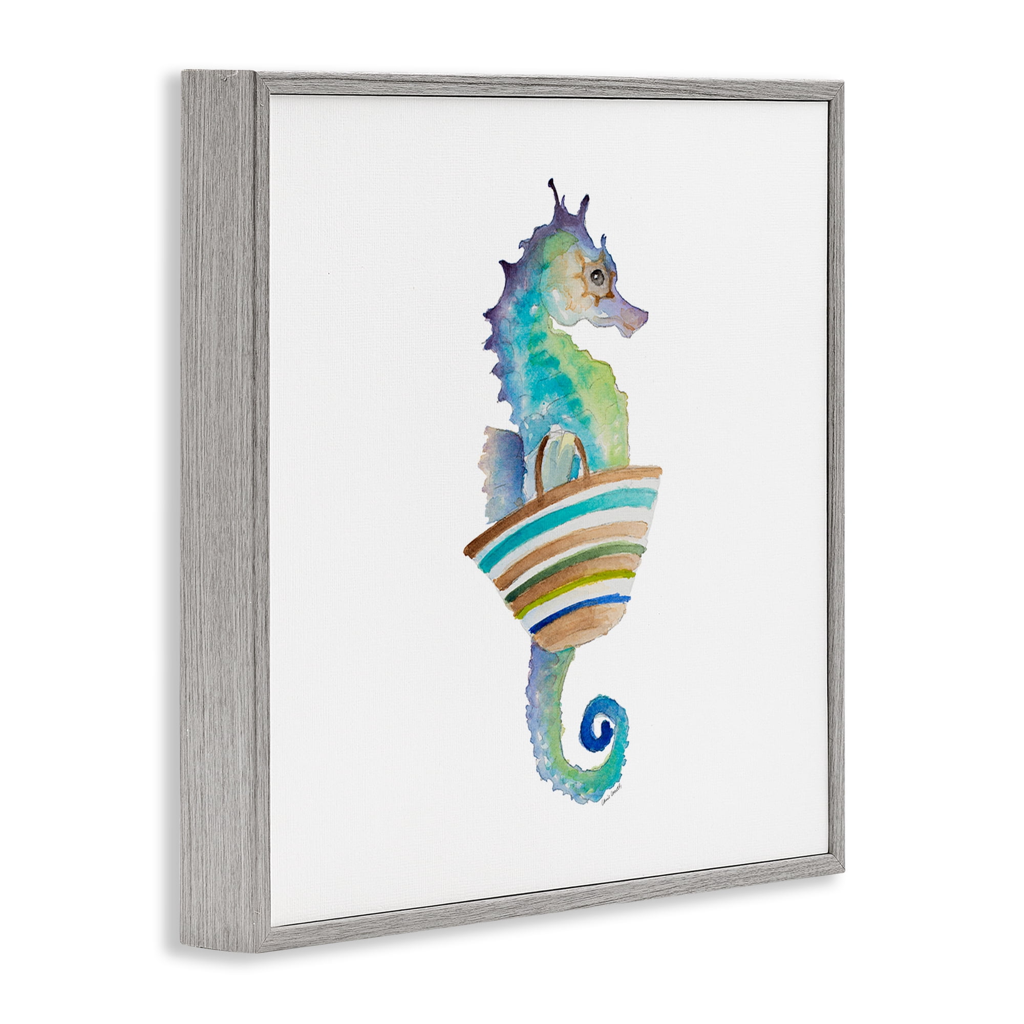 Stupell Industries Summer Ready Seahorse Novelty Painting Gray Framed Art Print Wall Art, 12 x 12