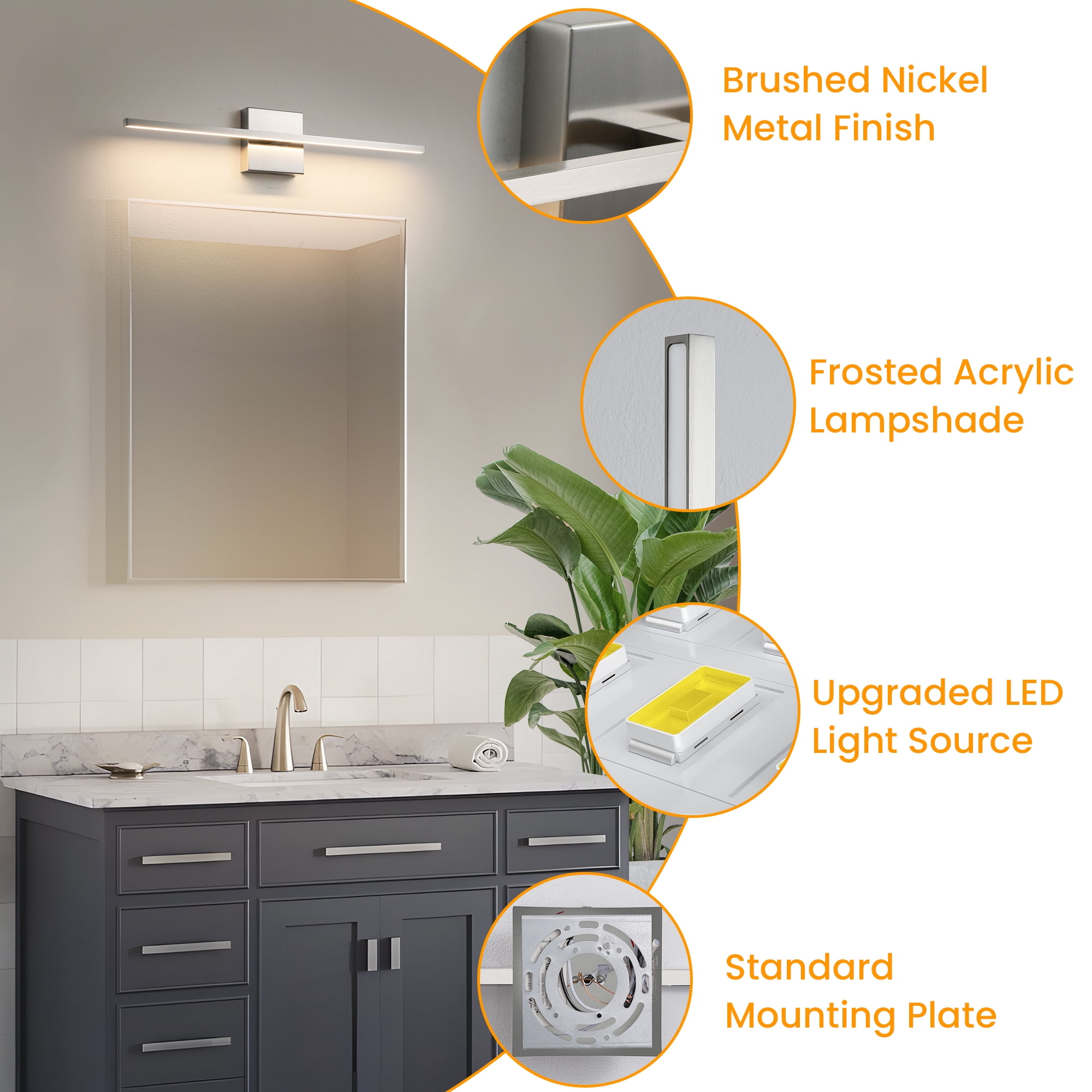 Modern Bathroom Vanity Light 24 inch Dimmable Brushed Nickel Bathroom Light Fixtures for Bathroom Wall Sconce with 3500K Warm Light Bedroom