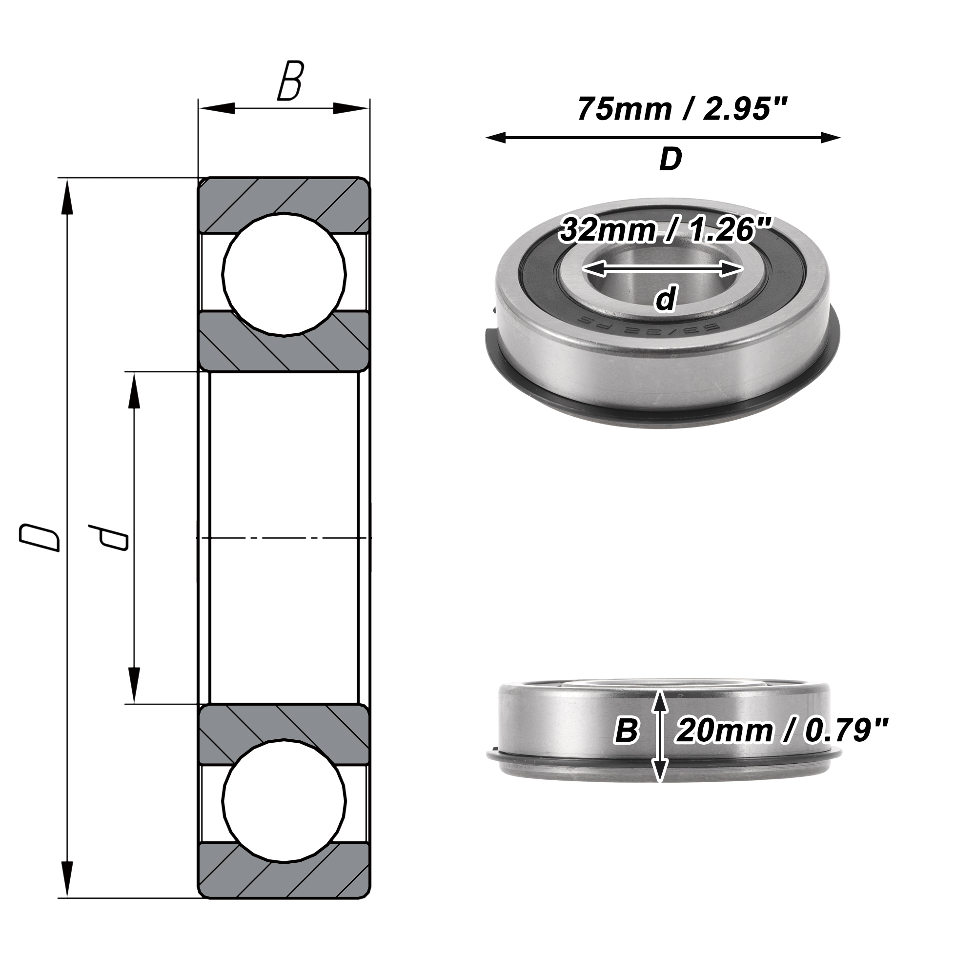 Unique Bargains 63/32NR2RS Deep Groove Ball Bearings 32x75x20mm P0 Double Rubber Seal Lubricated Bearings 1Pc Car Scooter Skateboard Wheel Universal Silver Tone Black