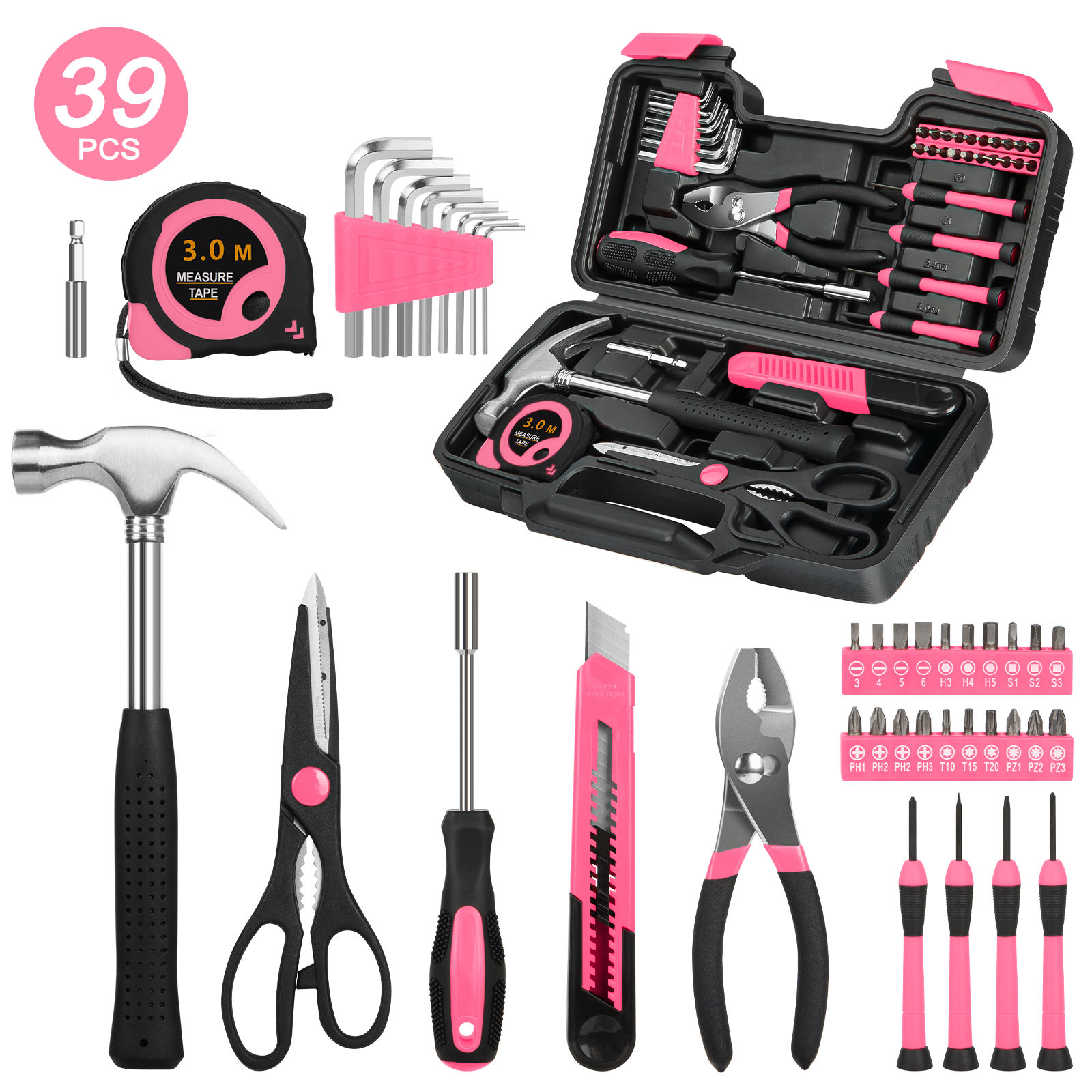 Cshidworld 39-Piece Tool Set General Household Hand Kit with Plastic Toolbox Storage Case, Basic Home Tool Kit for Girls Ladies and Women - Includes Essential Tools for Home Garage and Office, Pink