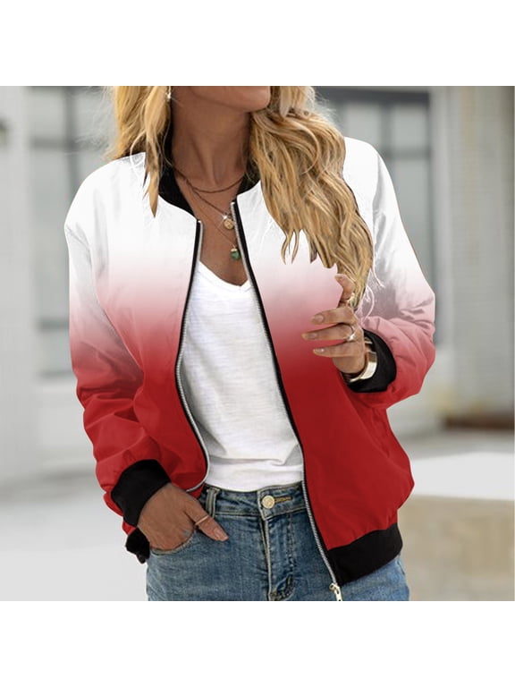 Oversized Coats for Women Zip up Bomber Jacket Gradient Pocket Casual Womens Tops