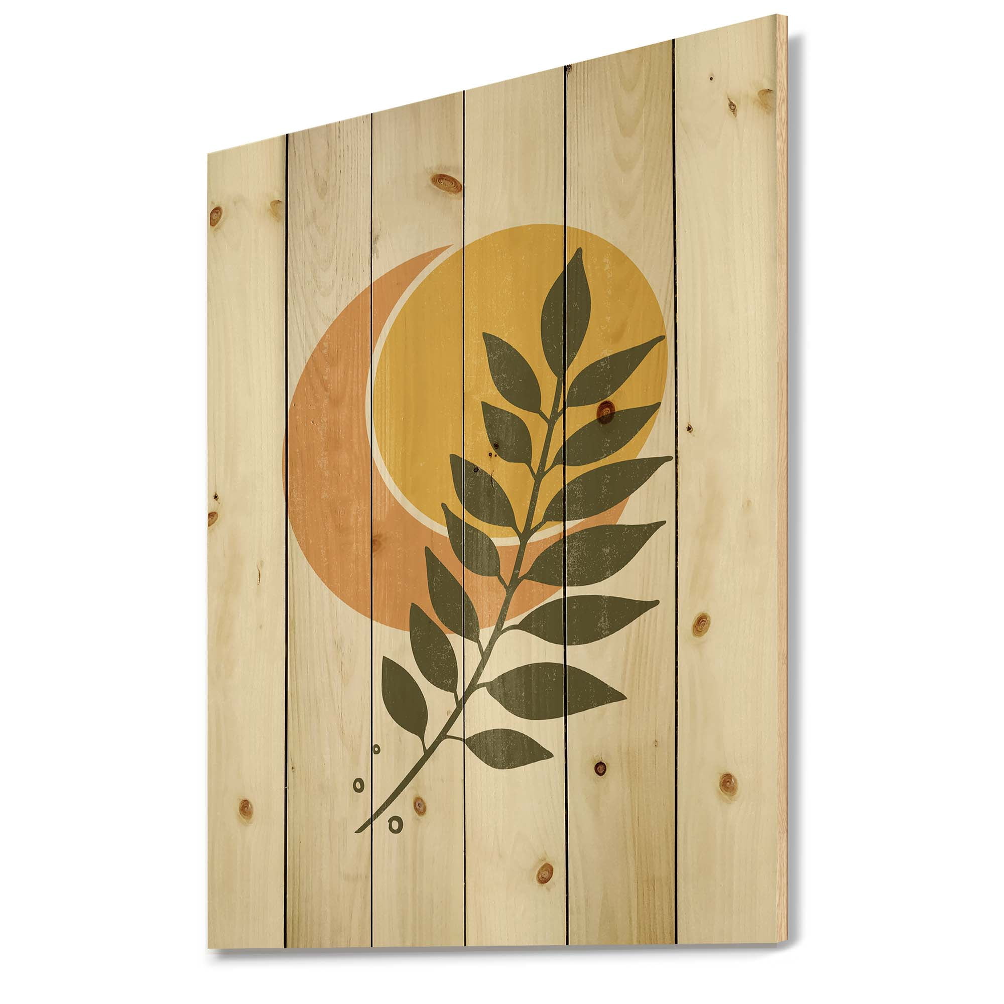 Designart 'Abstract Geometrical Moon and Sun With Leaf V' Modern Print on Natural Pine Wood