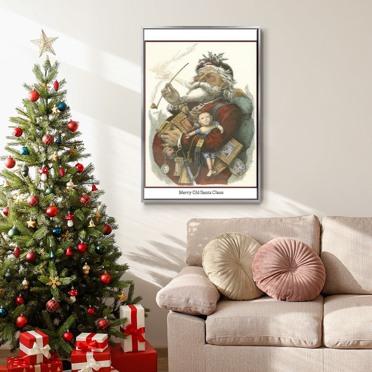 Merry Santa - Framed Gallery Wrapped Holiday Canvas - 27 x 41 - Silver Frame
