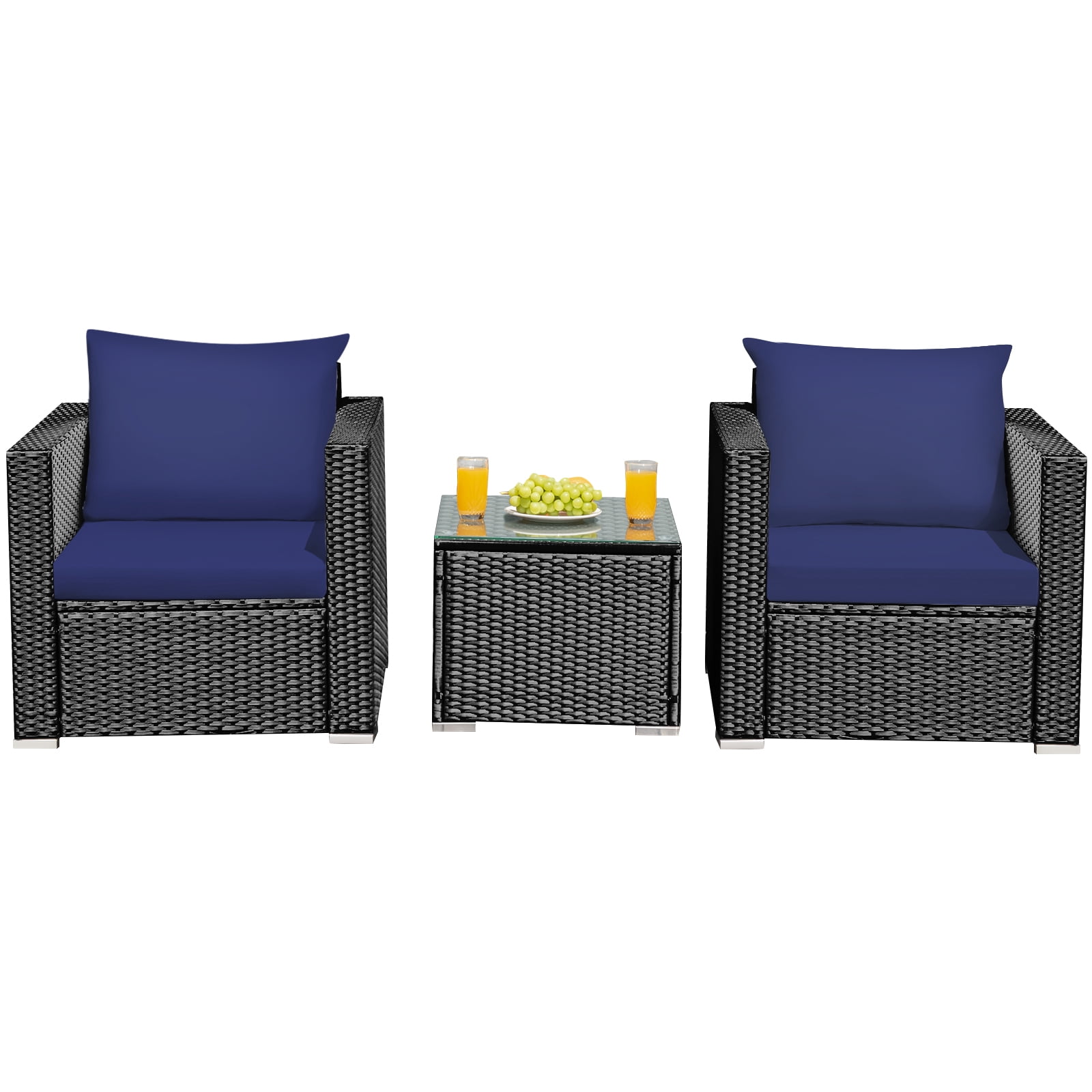 Patiojoy 3PCS Patio Rattan Furniture Conversation Set with 2 Cushioned Sofas & Coffee Table for Outdoor Navy