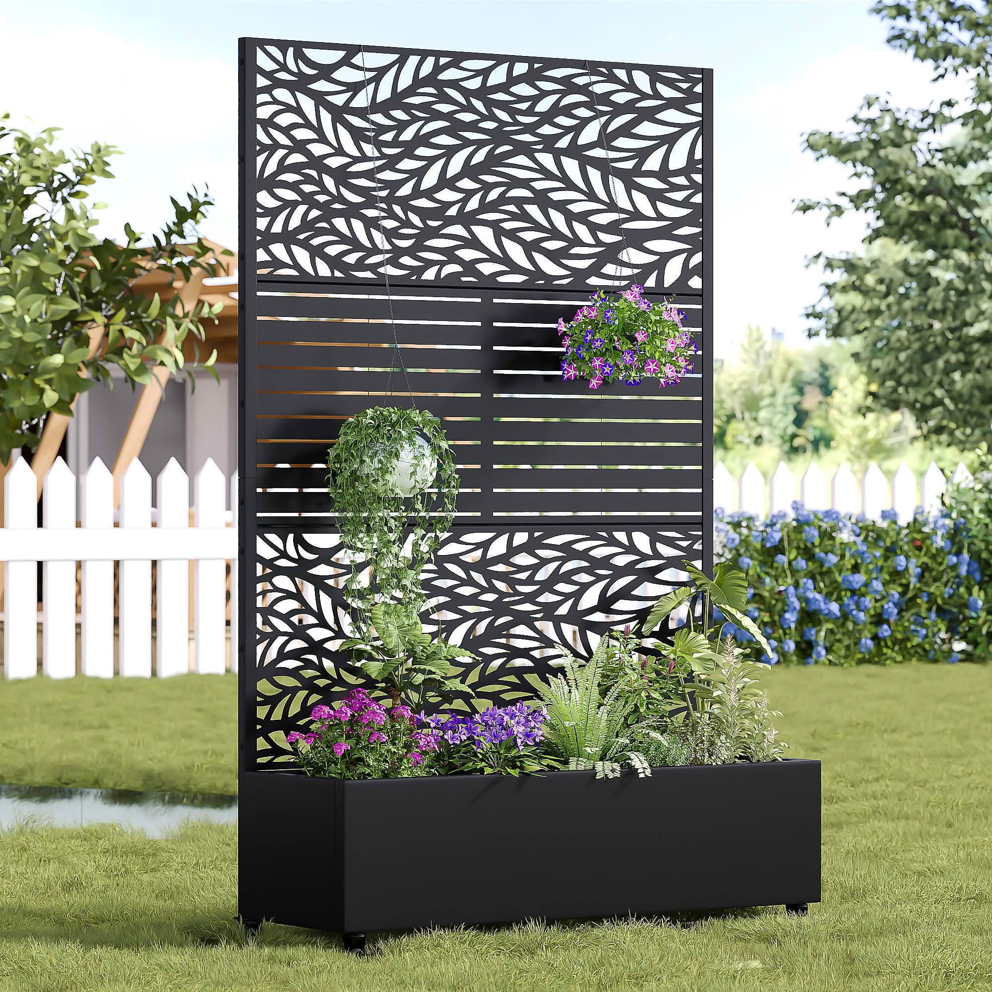 MAYEERTY 72x47x16 Inch Black Metal Planter Box with Trellis for Outdoor Garden & Patio