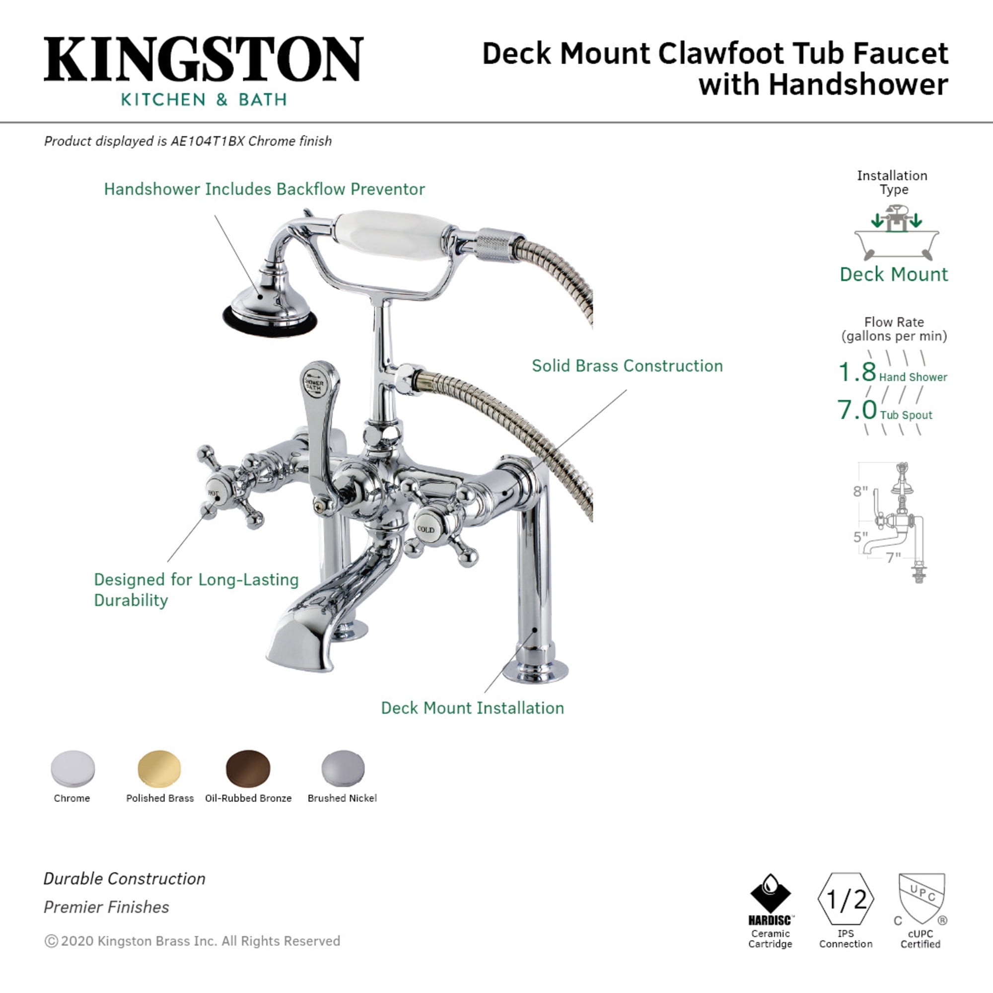 Aqua Vintage AE103T8BX English Country 7" Center Deck-Mount Clawfoot Tub Faucet with Hand Shower, Brushed Nickel