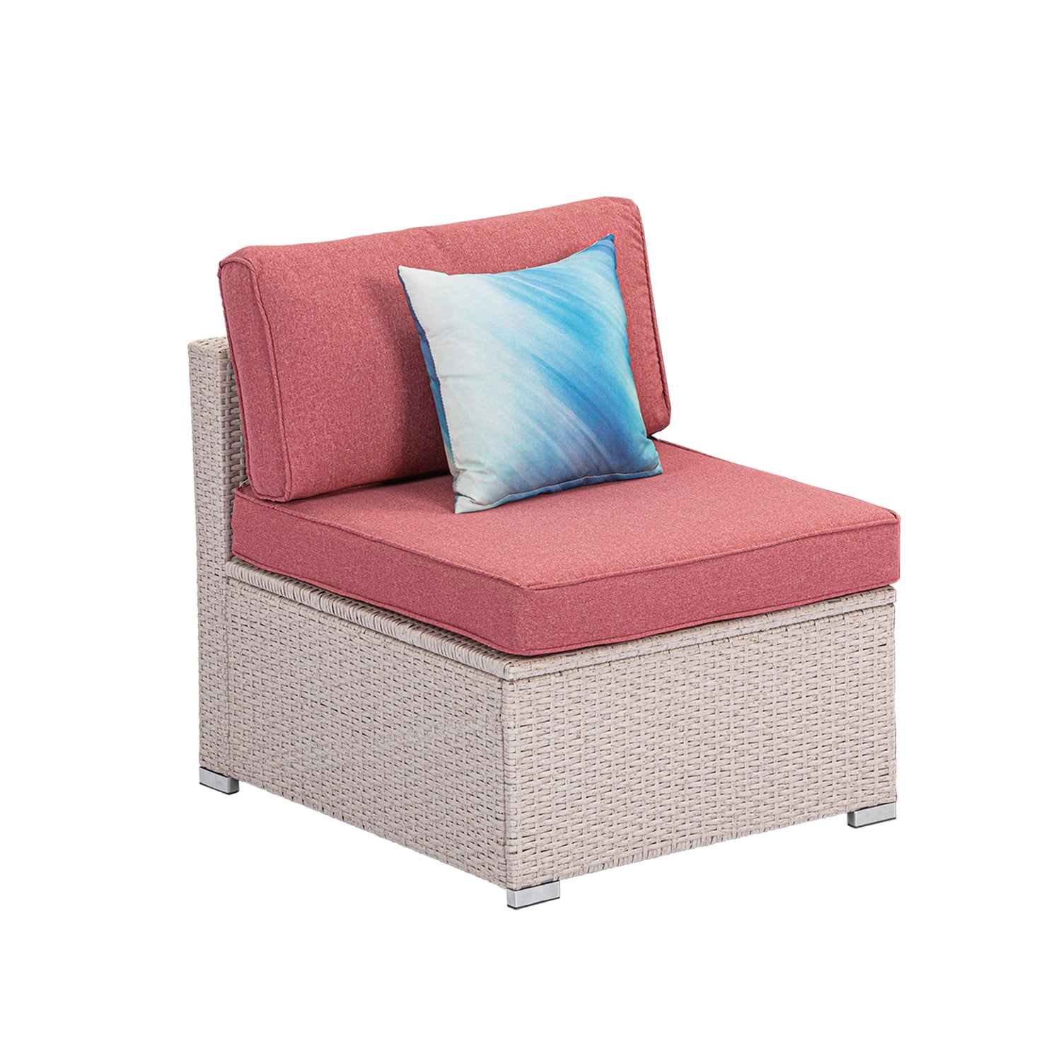 COSIEST Outdoor Furniture White Wicker Armless Chair with Red Cushions