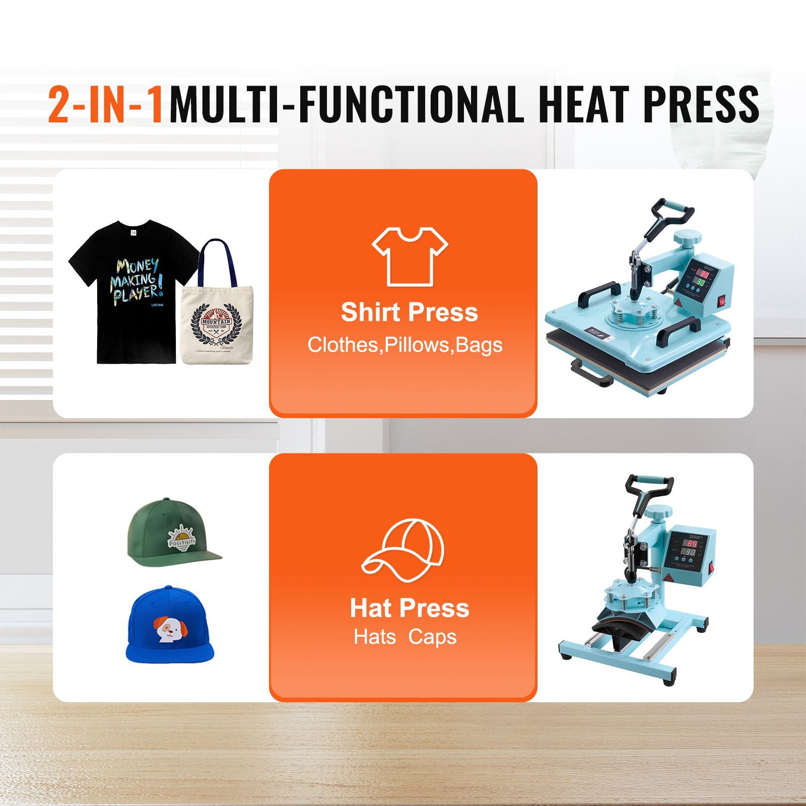 12X15 inch heat transfer machine, 2-in-1 360 degree rotation, digital temperature control T-shirt, hat hot stamping, green