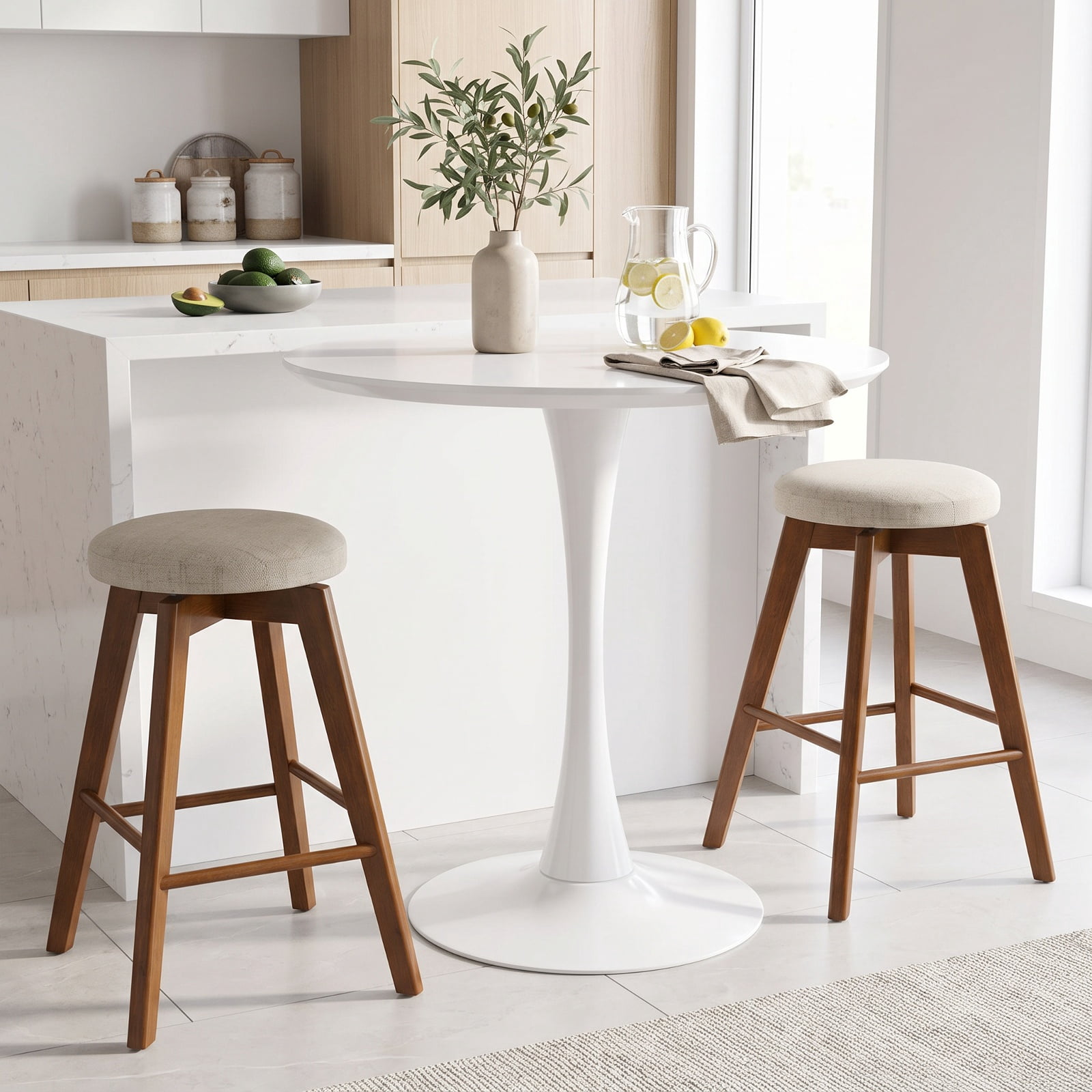 Furnibear 2 Pieces 26 Inch Backless Swivel Barstools with Linen Fabric Seat for Kitchen Island Counter Bar Pub Dining Home, Beige