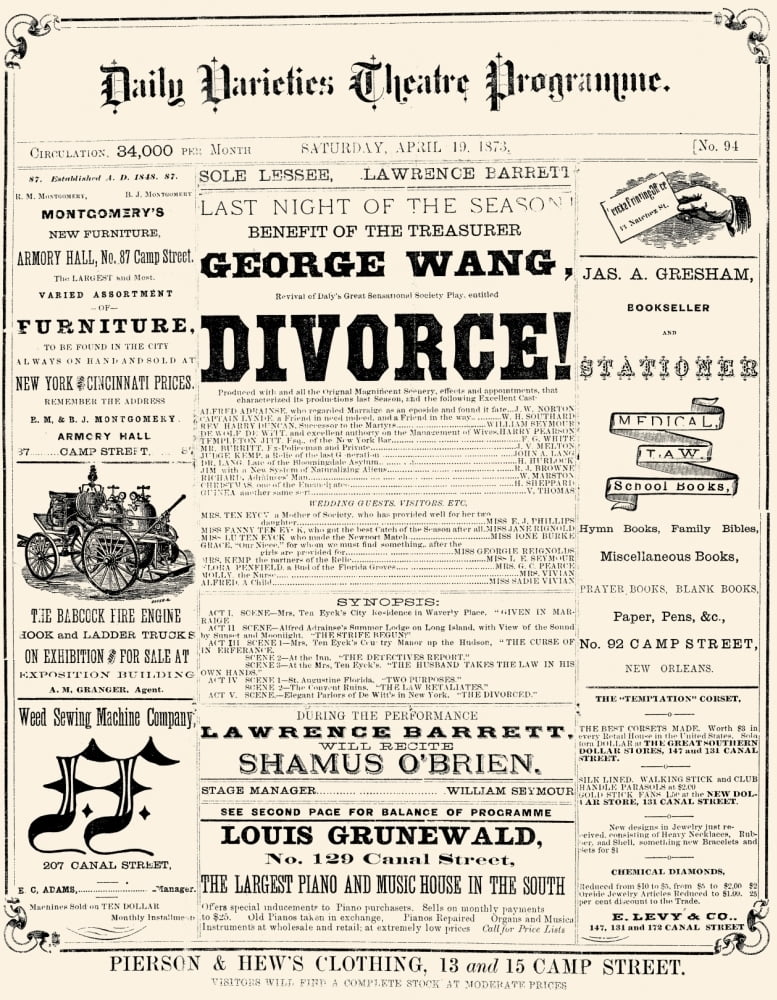 New Orleans Newspaper Nfront Page Of The Daily Varieties Theatre