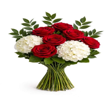 KaBloom : 6 Red Rose and 2 White Hydrangea with Greens Next-Day Delivery, Gift for Every Occasion.