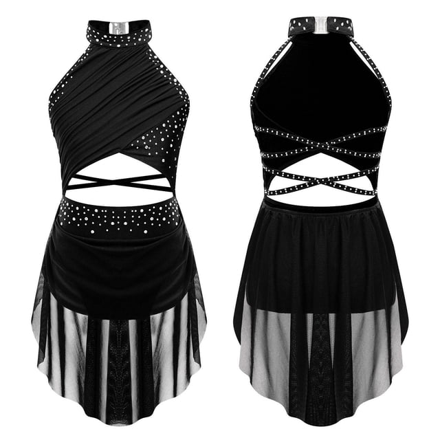 TiaoBug Robe de Danse Lyrique pour Filles Jupe Asymétrique à Sequins Col Licou Justaucorps de Patinage Artistique Robe Noir 8