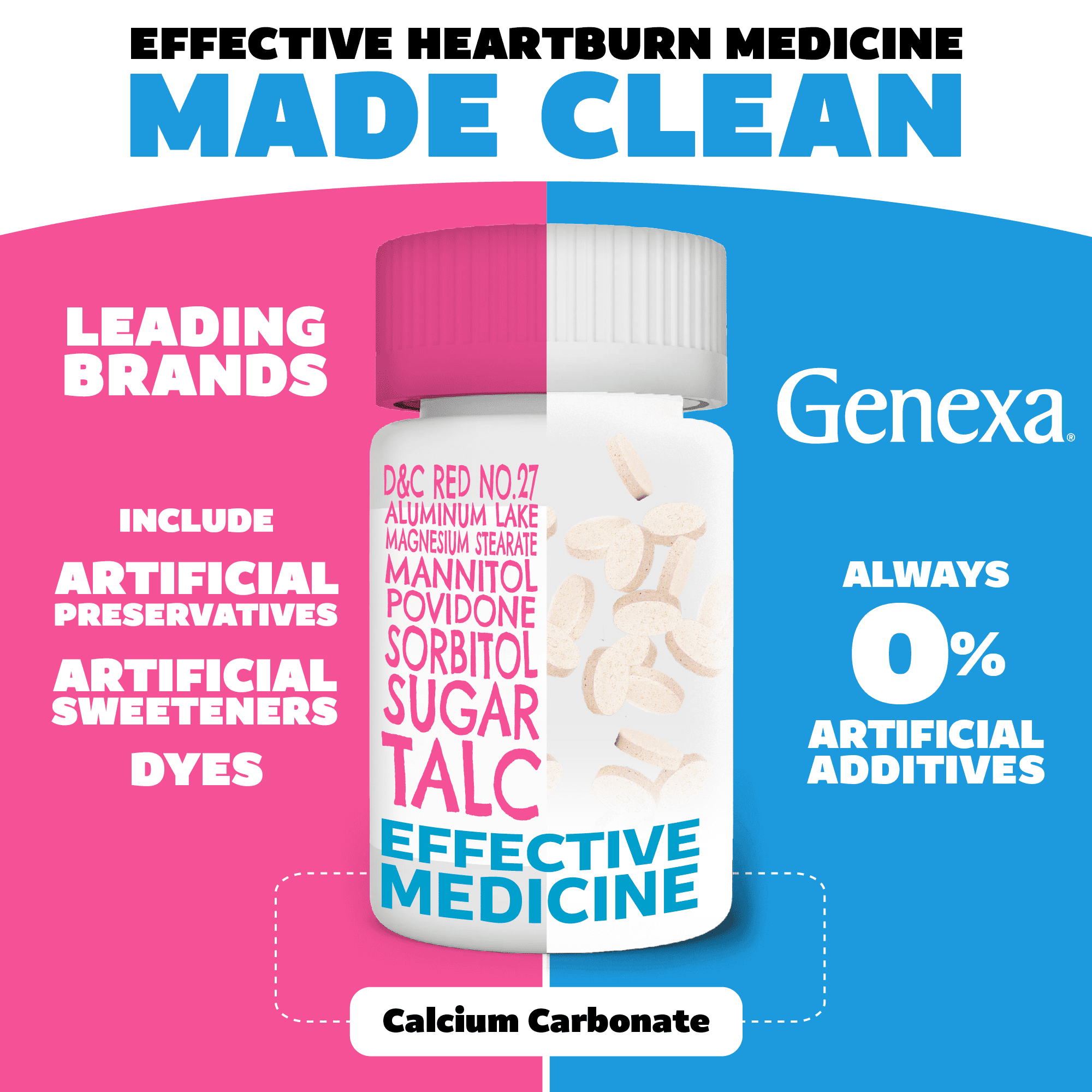 Genexa Kids’ Clean Tummy Relief Antacid Chewables, Dye Free, 0% Artificial Additives, Children's Tummy Ache Relief, Calcium Carbonate Acid Reducer, Organic Berry Flavor, 30 ct