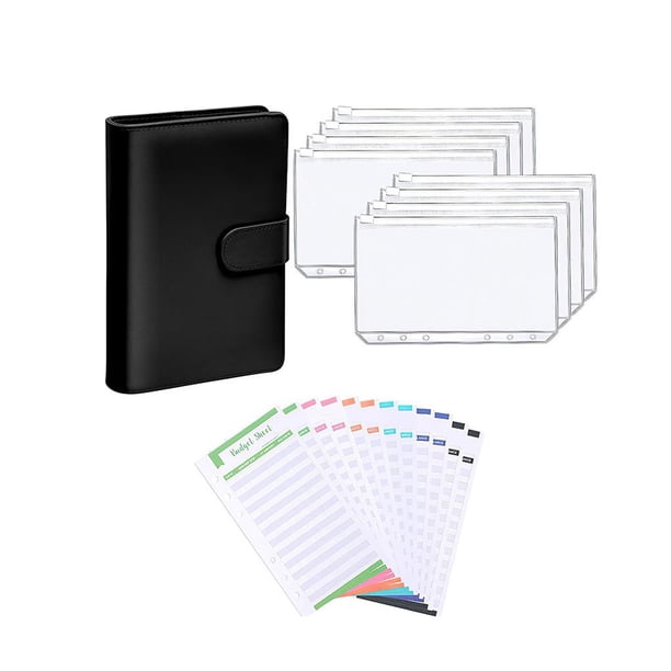 Seitruly Carpeta de hojas sueltas Carpeta de presupuesto de cuero PU marrón con 8 bolsas transparentes con cremallera y 12 hojas de presupuesto para cartulina Negro