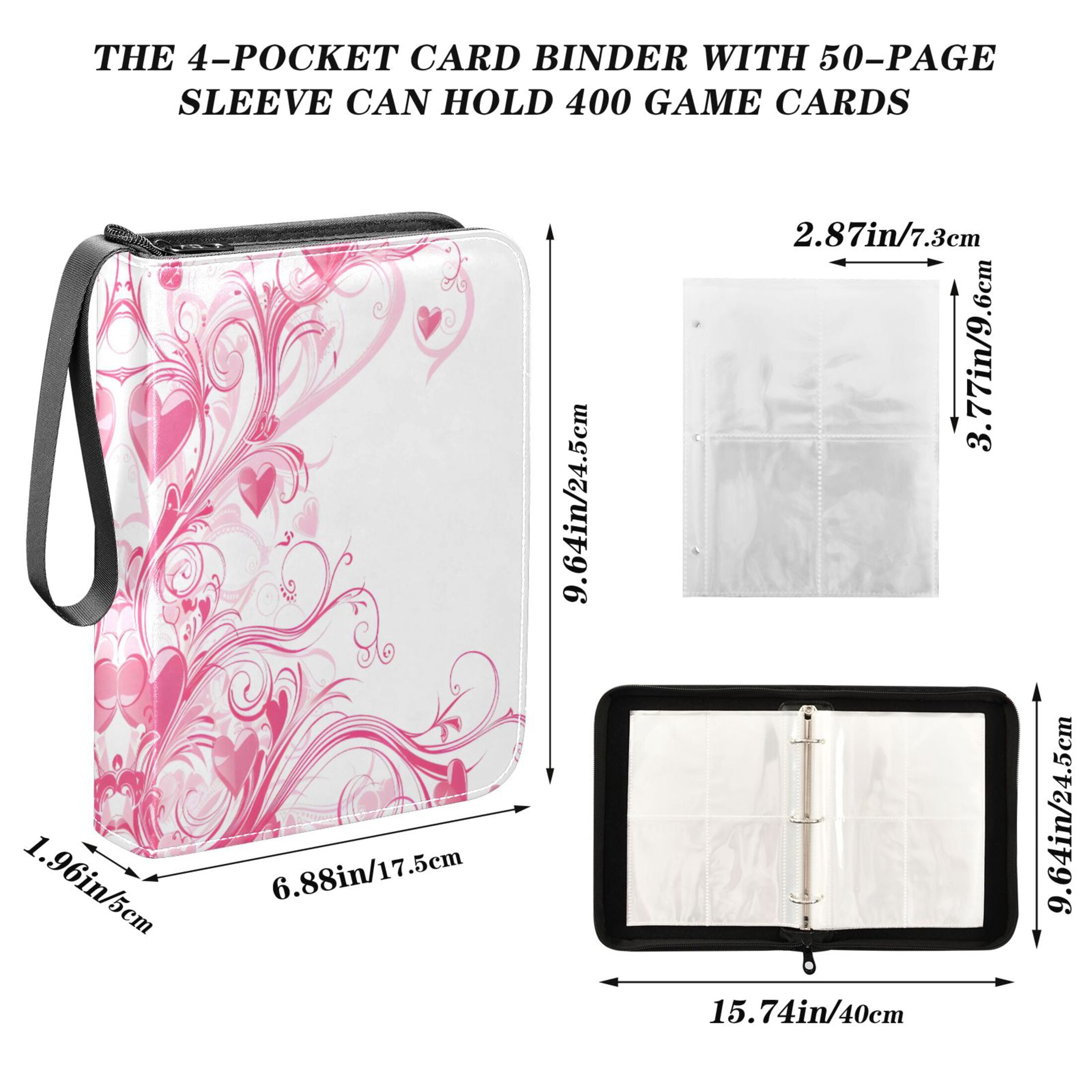 ALAZA Pink Hearts Swirls Trading Card Binder 4 Pocket Cards Collection Album 400 Folder Holder