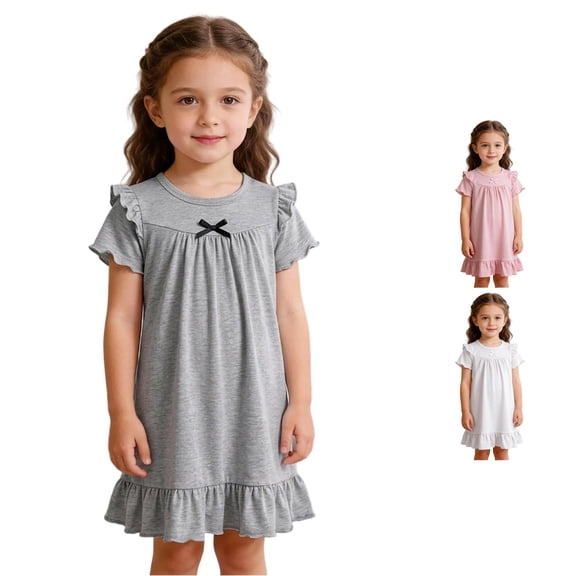 FYDUU Girls Nightgowns Pajama Dress Cute Ruffle Short Sleeve Princess Nightdress Toddler Kids Summer Sleepwear Soft Night Gowns 3-4 Years