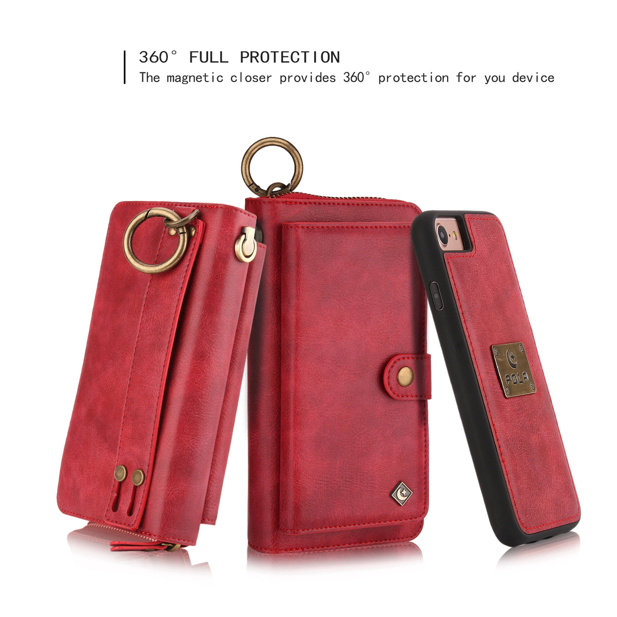 iPhone 8 Wallet Detachable Case, iPhone 7 Case, Dteck [wrist band & metal buckle & 14 Card Slots] Zipper Purse Phone Case Multi-function Folio Flip Weave PU Leather Removable Magnetic Back Cover, Red