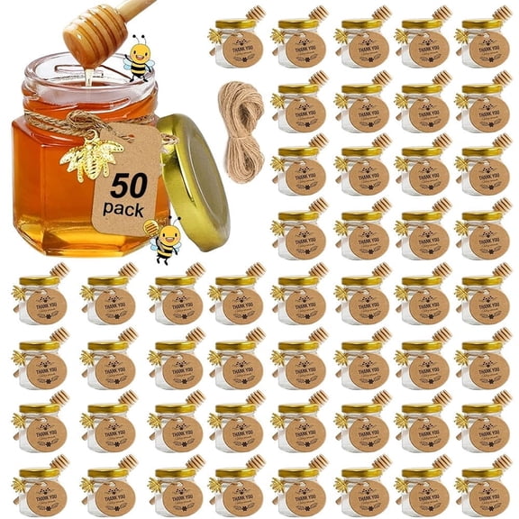 50 Pack Mini Honey Jars With Dipper - Glass Honey Jars Party Favors & Wedding Favors - Gold Lid, Bee Pendants, Gold Fabric Ribbons, Dishwasher Safe